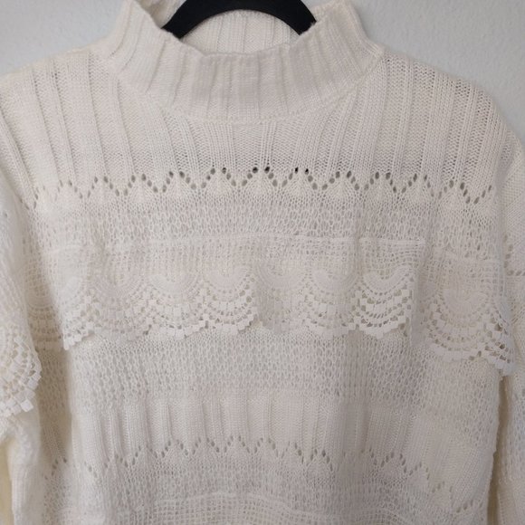 Simplee Ivory Colored Lace Pointelle Ribbed Knit Mock Neck Sweater NWOT - Picture 4 of 8